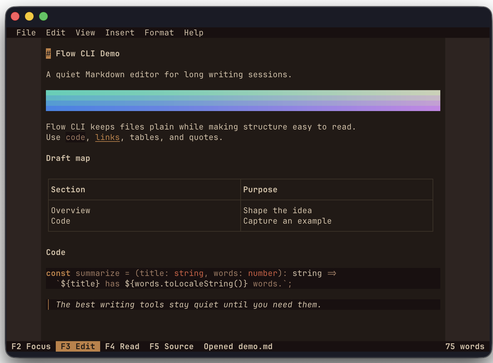Flow CLI editing a Markdown document in a terminal